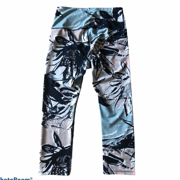 Apana blue and white tropical palm tree print workout leggings pants size small - Picture 2 of 6